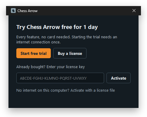 The Chess Arrow start window: start the free trial, buy a license, or enter a license key.