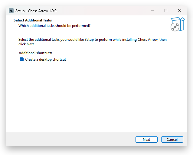 The Chess Arrow installer, offering a desktop shortcut before it installs.