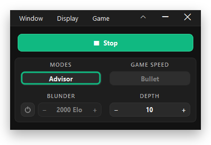 The Chess Arrow window running in Advisor mode, with its green Stop button.