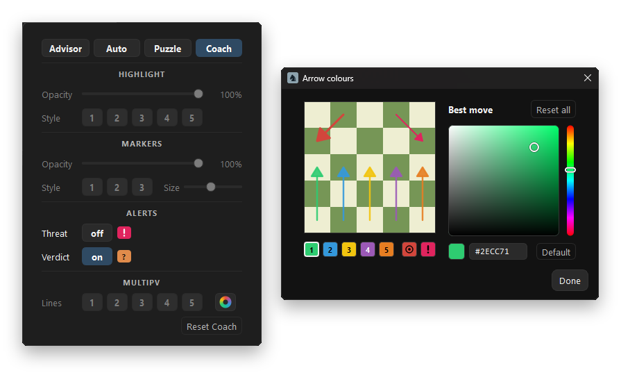 Board overlay settings for each mode (highlight, markers, threat and verdict alerts, number of lines) next to the arrow colour picker.